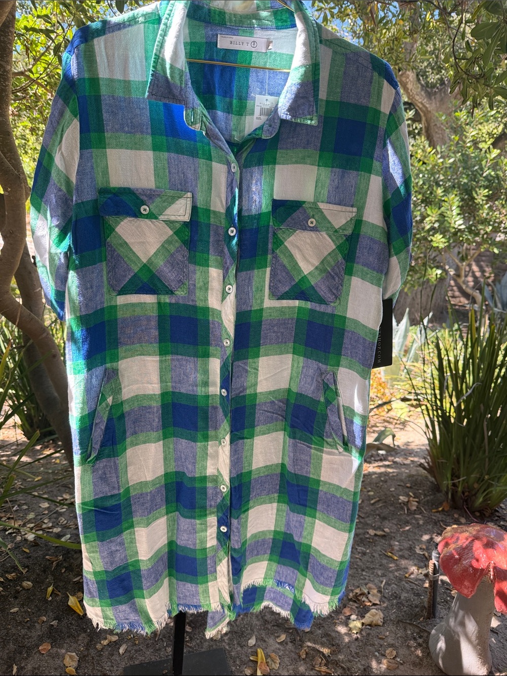 Women’s linen Green & Blue Plaid Button-Down Shirt Dress